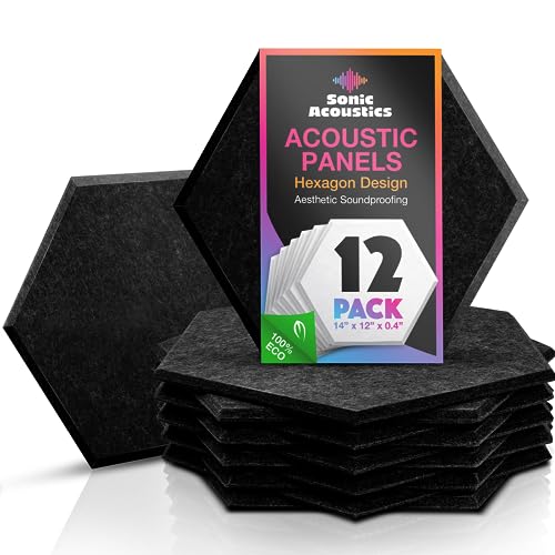 Sonic Acoustics 12 Pack Hexagon Acoustic Panels, 14" X 12" X 0.4" High Density Sound Absorbing Panels Sound Proof Insulation Beveled Edge Studio Treatment Tiles (Black)