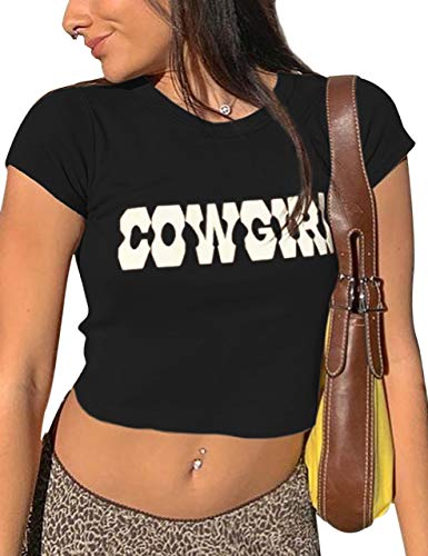 MISSACTIVER Women s Sexy Vintage Graphic and Letter Print Crop Top Casual Summer Slim Short Sleeve Crop T-Shirt