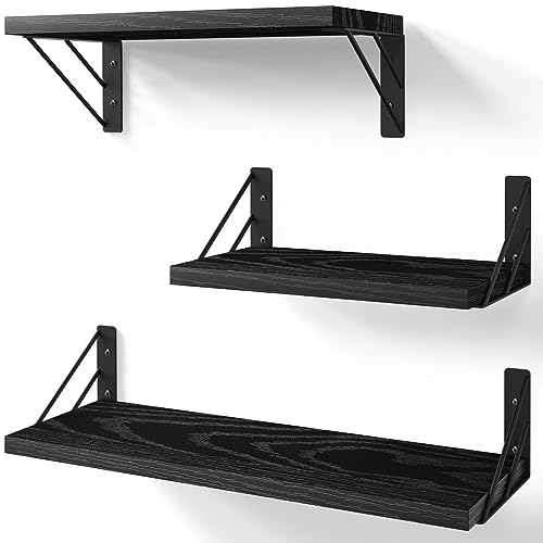 BAYKA Wall Shelves for Bedroom Decor, Floating Wall Shelves for Living Room Kitchen Storage, Wall Mounted Rustic Wood Floating Shelves for Kids Books, Small Shelf for Bathroom(Black Set of 3)