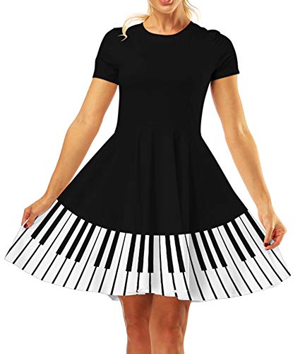 GLUDEAR Women's 3D Print Short Sleeve Unique Casual Flared Midi Dress,Piano,S/M