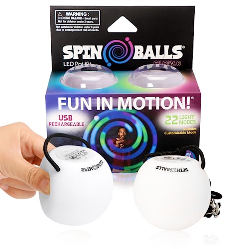 Spinballs Glow.0 LED Poi Balls Glow USB Rechargeable with 22 Vibrant Color Light Modes & Patterns Durable, Soft-Core LED Poi Spinning Balls with Adjustable Leashes & Double-Loop Handles
