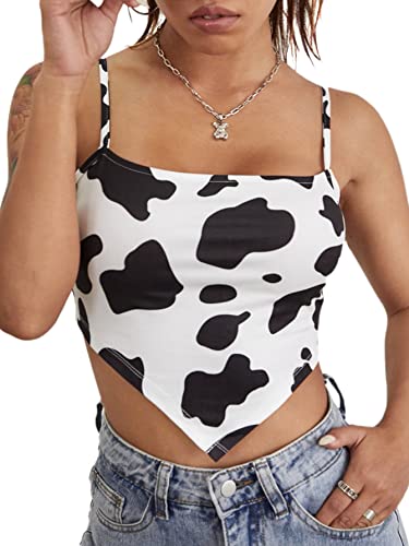 MakeMeChic Women's Cow Print Hanky Hem Cami Sleeveless Bandana Crop Top