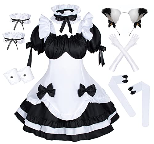 Anime French Maid Lolita Fancy Queen Princess Dress Cosplay Costume Furry Cat Ear Gloves Socks set Black S