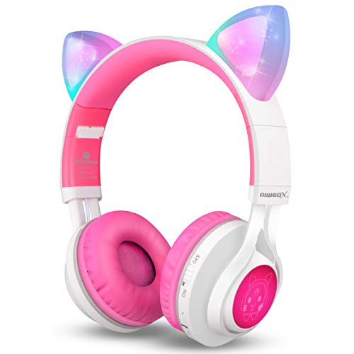 Riwbox Bluetooth Headphones, CT-7 Cat Ear LED Light Up Wireless Foldable Headphones Over Ear with Microphone and Volume Control for iPhone/iPad/Smartphones/Laptop/PC/TV (White&Pink)