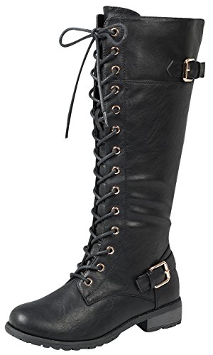 Forever Link Women's Strappy Lace-Up Knee High Combat Stacked Heel Boot