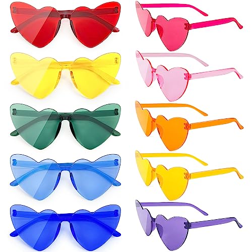 SUNOVELTIES 10 Pack Round/Heart Shape/Cat Eye/Rectangle/Star/Fire Rimless Tinted Party Sunglasses Color Therapy Glasses