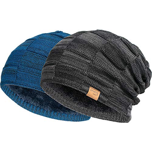 2 Packs Slouchy Beanie for Men Winter Hats for Guys Cool Beanies Mens Lined Knit Warm Thick Skully Stocking Binie Hat