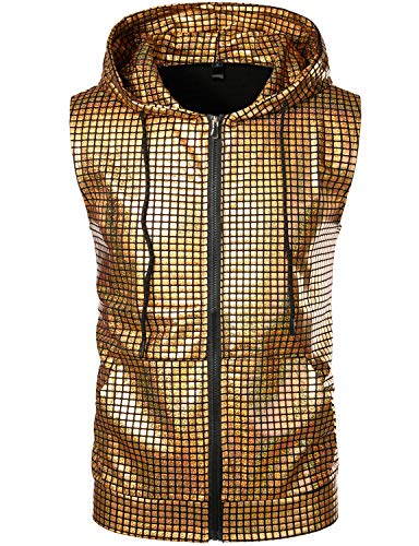 ZEROYAA Mens Hipster Metallic Zip Up Sleeveless Hooded Vest T Shirt with Kangaroo Pocket