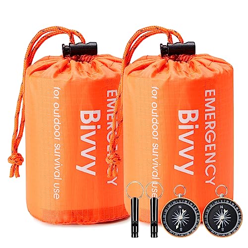 Emergency Sleeping Bag, 2 Packs Ultra Waterproof Lightweight Thermal Bivy Sack, Esky Survival Shelter Blanket Bags with Compass and Loud Survival Whistle, Portable Sack for Camping, Hiking, Outdoor