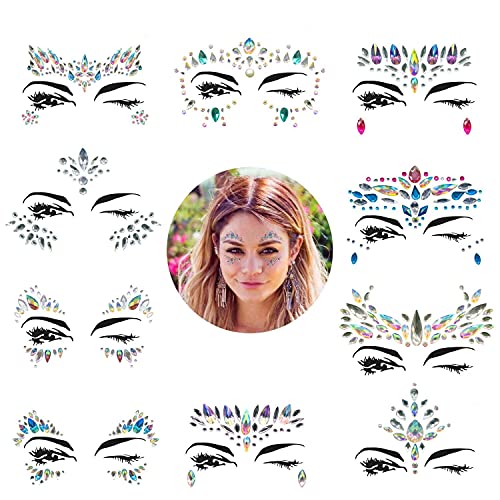 Face Gems, 10 Sets Mermaid Face Jewels Festival Face Gems Rhinestones Rave Eyes Body Bindi Temporary Stickers Crystal Face Stickers Decorations Fit for Festival Party 10 Sets collection