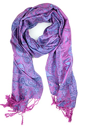 Plum Feathers Pashmina Scarf with Ethnic Tapestry Style Paisley Pattern - 67" x 28" Everyday Pashmina Travel Wrap and Shawl (Purple Tapestry)