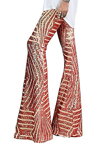 Bdcoco Womens High Waist Sequin Sparkle Flared Pants Wide Leg Bell Bottom Trousers