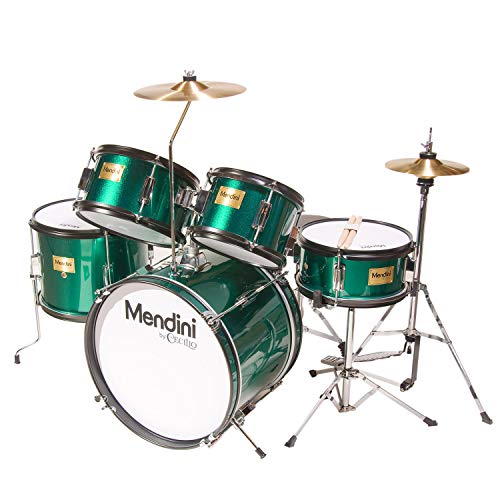 Mendini By Cecilio Kids Drum Set - Starter Drums Kit with Bass, Toms, Snare, Cymbal, Hi-Hat, Drumsticks & Seat - Musical Instruments Beginner Sets, Green Drum Set