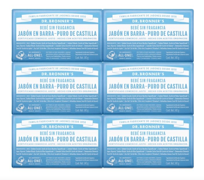 Dr. Bronner s - Pure-Castile Bar Soap (Baby Unscented, 5 oz, 6-Pack) -Made with Organic Oils, For Face, Body & Hair, Gentle for Sensitive Skin & Babies, No Added Fragrance,Biodegradable,Vegan,...