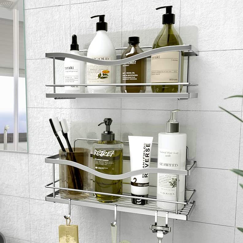 KINCMAX Shower Caddy 2-Pack - Self Adhesive Wall Shower Organizer Shelves with 4 Hooks - No Drill Large Capacity Stainless Steel Caddy - Aesthetic Shelves for Inside Bathroom - Polished Silver