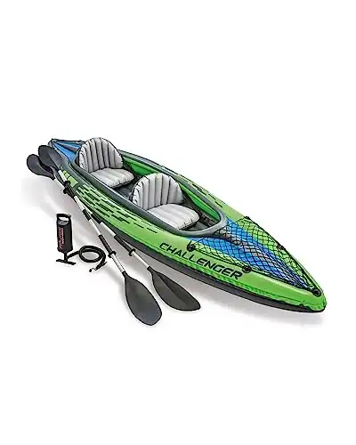 INTEX 68306EP Challenger K2 Inflatable Kayak Set: Includes Deluxe 86in Aluminum Oars and High-Output Pump Adjustable Seat with Backrest Removable Skeg 2-Person 400lb Weight Capacity